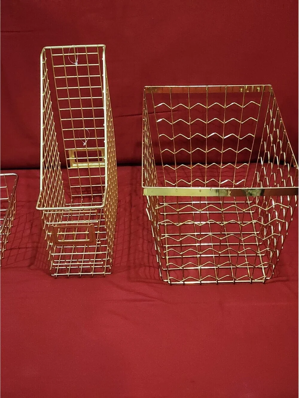 Lot of 3 Gold Tone Wire Baskets - 2 Large & 1 Small